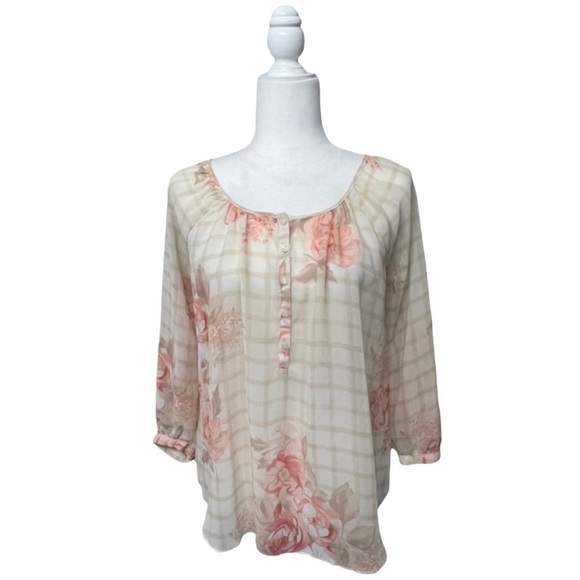 LC Lauren Conrad Cream Striped Floral Sheer Long Sleeve Top - Size Small - Picture 3 of 16